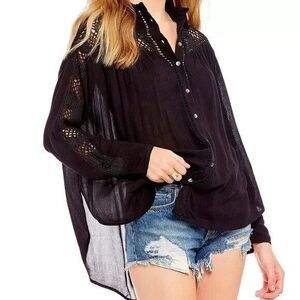Free People Katie Bird Shirt Women's Small Black Rayon Long Sleeve Button-Up